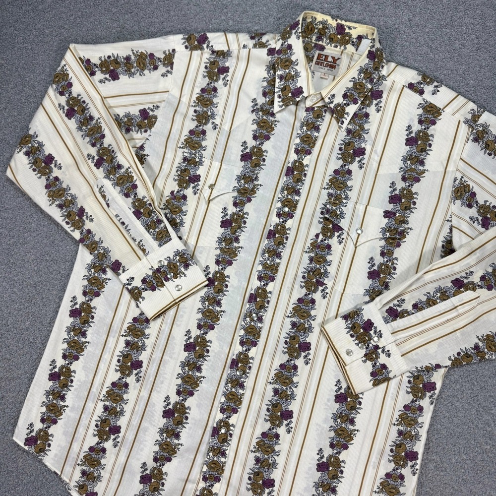 Vintage Ely Cattleman Shirt Mens Large White Floral Print Pearl Snap Long Sleeve